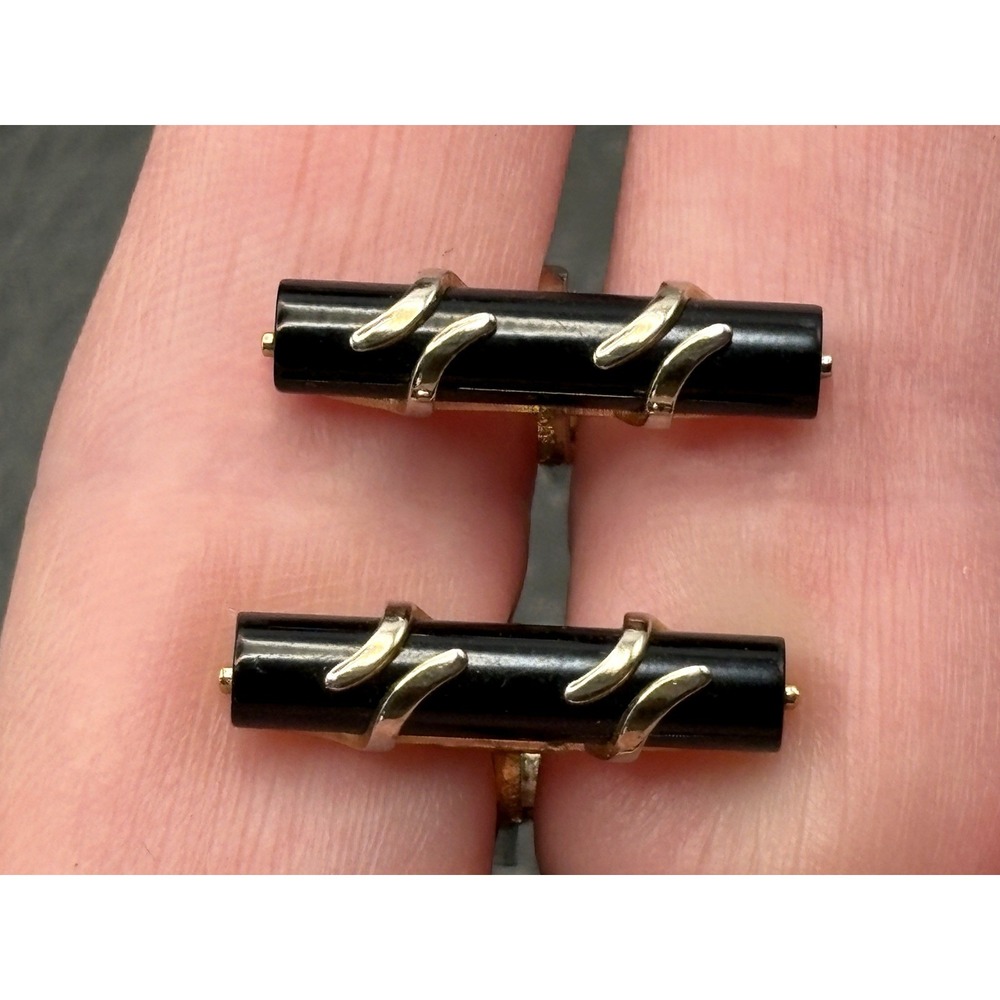 Vintage Emmons Black Stone Gold Tone Barrel Cufflinks Men's Luxury Accessory